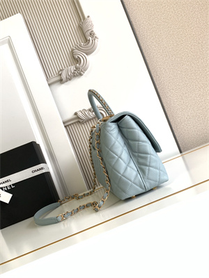 Cha.nel Large Coco Handle Bag Grained Calfskin Aged Gold Metal Blue A92991