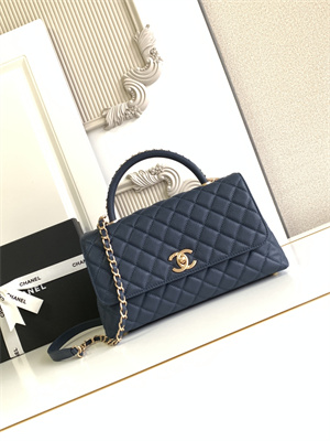 Cha.nel Large Coco Handle Bag Grained Calfskin Aged Gold Metal Navy A92991