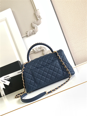 Cha.nel Large Coco Handle Bag Grained Calfskin Aged Gold Metal Navy A92991