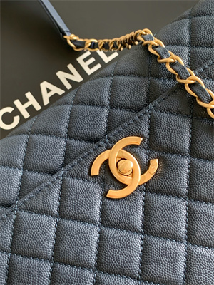 Cha.nel Large Coco Handle Bag Grained Calfskin Aged Gold Metal Navy A92991