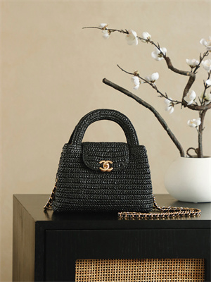 Cha.nel Mini Shopping Bag Kelly Bag Raffia Gold-Tone Metal Black AS4416