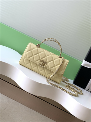 Cha.nel Clutch With Chain Top Handle Grained Calfskin Gold Tone Metal Yellow AP3238