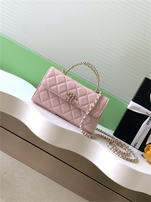 Cha.nel Clutch With Chain Top Handle Grained Calfskin Gold Tone Metal Pink AP3238