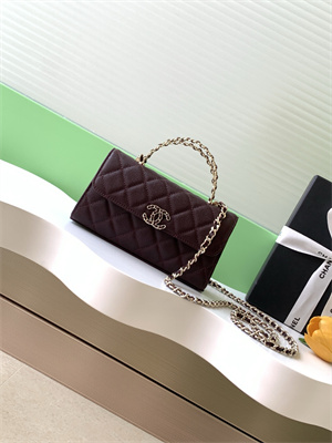 Cha.nel Clutch With Chain Top Handle Grained Calfskin Gold Tone Metal Burgundy AP3238