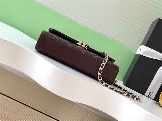 Cha.nel Clutch With Chain Top Handle Grained Calfskin Gold Tone Metal Burgundy AP3238