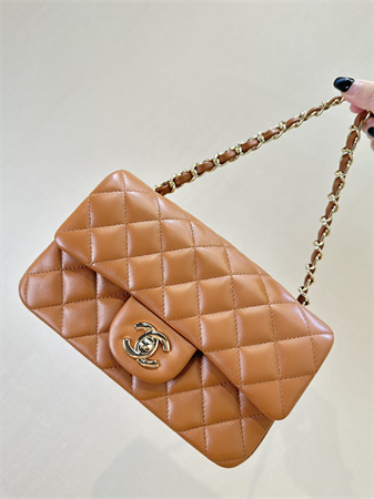 Chanel Mini Classic Flap Bag Lambskin Gold Tone Metal Caramel Color 01116 TOP