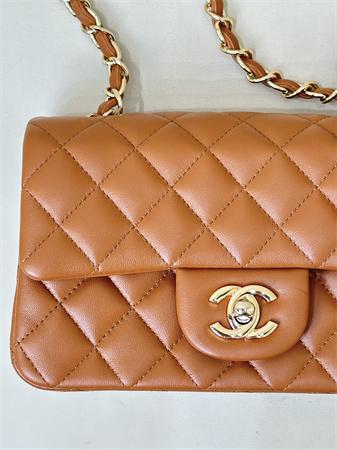 Chanel Mini Classic Flap Bag Lambskin Gold Tone Metal Caramel Color 01116 TOP