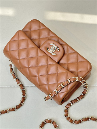 Chanel Mini Classic Flap Bag Lambskin Gold Tone Metal Caramel Color 01116 TOP