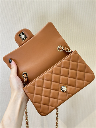 Chanel Mini Classic Flap Bag Lambskin Gold Tone Metal Caramel Color 01116 TOP
