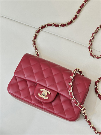 Chanel Mini Classic Flap Bag Lambskin Gold Tone Metal Red Color 01116 TOP