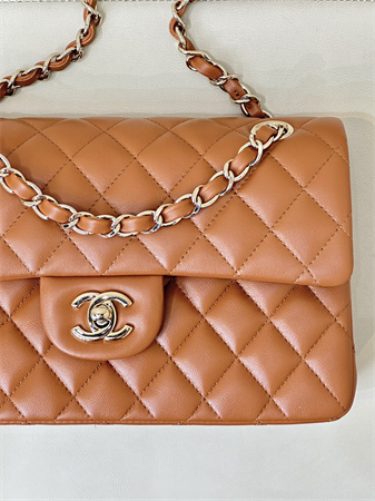 Chanel Small Classic Flap Bag Lambskin Gold Tone Metal Caramel Color 01117 TOP