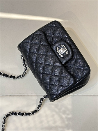 Chanel Super Mini Classic Flap Bag Grained Calfskin Silver Tone Metal Black 01115 TOP