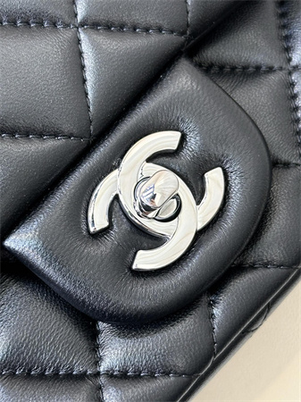 Chanel Super Mini Classic Flap Bag Lambskin Silver Tone Metal Black 01115 TOP