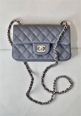 Chanel Mini Classic Flap Bag Grained Calfskin Gold Tone Metal Dk Grey 01116 TOP