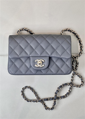 Chanel Mini Classic Flap Bag Grained Calfskin Gold Tone Metal Dk Grey 01116 TOP