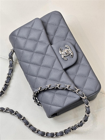 Chanel Mini Classic Flap Bag Grained Calfskin Silver Tone Metal Dk Grey 01116 TOP