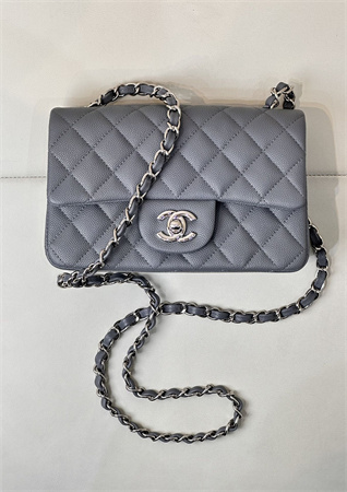 Chanel Mini Classic Flap Bag Grained Calfskin Silver Tone Metal Dk Grey 01116 TOP