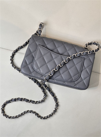 Chanel Mini Classic Flap Bag Grained Calfskin Silver Tone Metal Dk Grey 01116 TOP