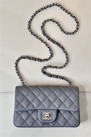 Chanel Mini Classic Flap Bag Grained Calfskin Silver Tone Metal Dk Grey 01116 TOP