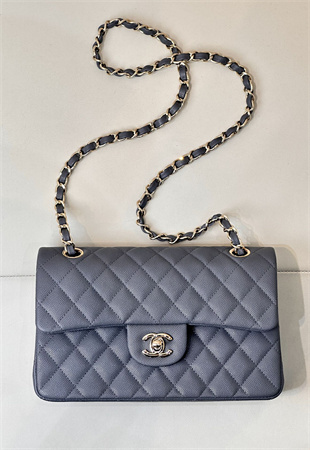 Chanel Small Classic Flap Bag Grained Calfskin Gold Tone Metal Dk Grey 01117 TOP