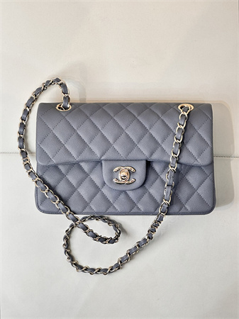 Chanel Small Classic Flap Bag Grained Calfskin Gold Tone Metal Dk Grey 01117 TOP
