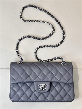 Chanel Small Classic Flap Bag Grained Calfskin Silver Tone Metal Dk Grey 01117 TOP