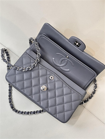 Chanel Small Classic Flap Bag Grained Calfskin Silver Tone Metal Dk Grey 01117 TOP