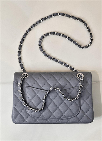 Chanel Small Classic Flap Bag Grained Calfskin Silver Tone Metal Dk Grey 01117 TOP