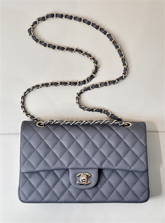 Chanel Medium Classic Flap Bag Grained Calfskin Gold Tone Metal Dk Grey 01112 TOP