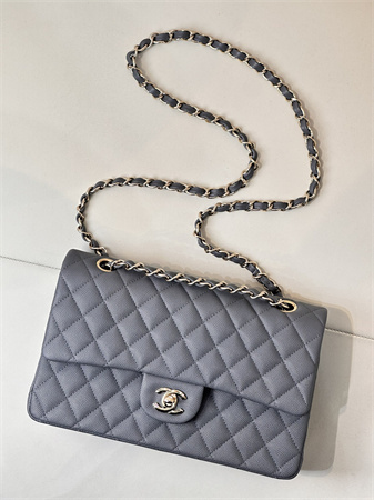 Chanel Medium Classic Flap Bag Grained Calfskin Gold Tone Metal Dk Grey 01112 TOP