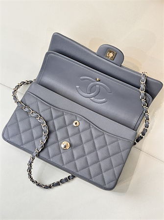 Chanel Medium Classic Flap Bag Grained Calfskin Gold Tone Metal Dk Grey 01112 TOP