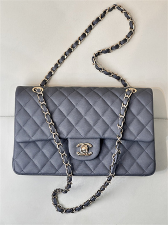 Chanel Medium Classic Flap Bag Grained Calfskin Gold Tone Metal Dk Grey 01112 TOP