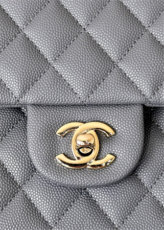Chanel Medium Classic Flap Bag Grained Calfskin Gold Tone Metal Dk Grey 01112 TOP