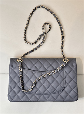 Chanel Medium Classic Flap Bag Grained Calfskin Gold Tone Metal Dk Grey 01112 TOP