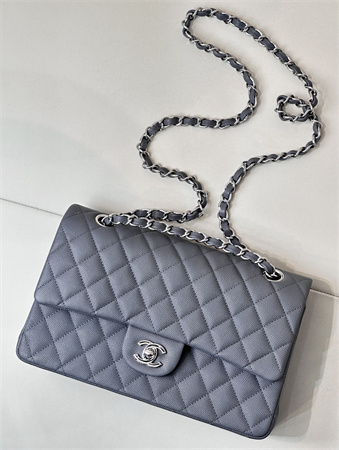 Chanel Medium Classic Flap Bag Grained Calfskin Silver Tone Metal Dk Grey 01112 TOP