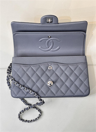 Chanel Medium Classic Flap Bag Grained Calfskin Silver Tone Metal Dk Grey 01112 TOP
