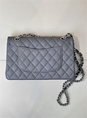 Chanel Medium Classic Flap Bag Grained Calfskin Silver Tone Metal Dk Grey 01112 TOP