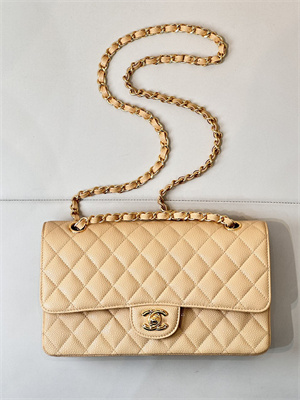 Chanel Medium Classic Flap Bag Grained Calfskin Gold Tone Metal Beige 01112 TOP
