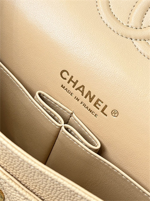 Chanel Medium Classic Flap Bag Grained Calfskin Gold Tone Metal Beige 01112 TOP