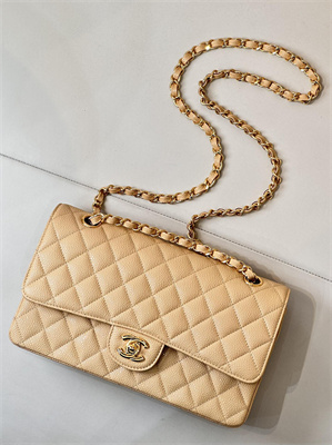 Chanel Medium Classic Flap Bag Grained Calfskin Gold Tone Metal Beige 01112 TOP