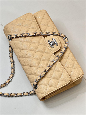 Chanel Medium Classic Flap Bag Grained Calfskin Silver Tone Metal Beige 01112 TOP