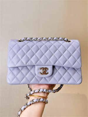 Chanel Medium Classic Flap Bag Grained Calfskin Gold Tone Metal Lt Purple 01112 TOP