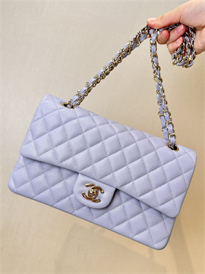 Chanel Medium Classic Flap Bag Grained Calfskin Gold Tone Metal Lt Purple 01112 TOP