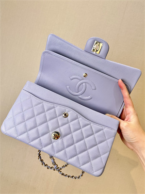 Chanel Medium Classic Flap Bag Grained Calfskin Gold Tone Metal Lt Purple 01112 TOP