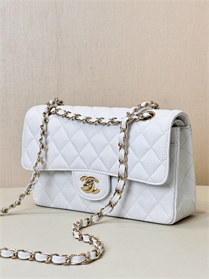 Chanel Small Classic Flap Bag Grained Calfskin Gold Tone Metal White 01117 TOP