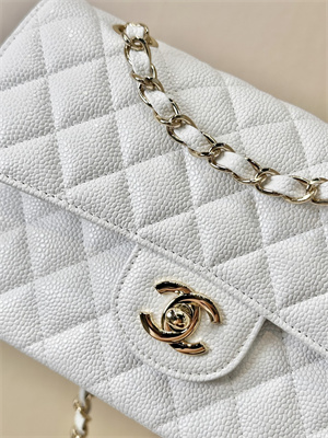 Chanel Small Classic Flap Bag Grained Calfskin Gold Tone Metal White 01117 TOP