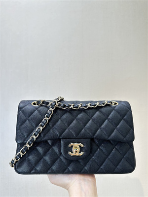 Chanel Small Classic Flap Bag Grained Calfskin Gold Tone Metal Black 01117 TOP