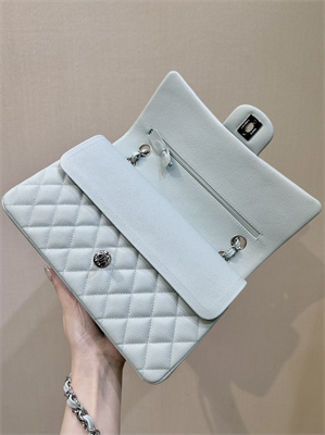 Chanel Medium Classic Flap Bag Grained Calfskin Silver Tone Metal Mint 01112 TOP