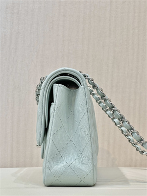 Chanel Medium Classic Flap Bag Grained Calfskin Silver Tone Metal Mint 01112 TOP