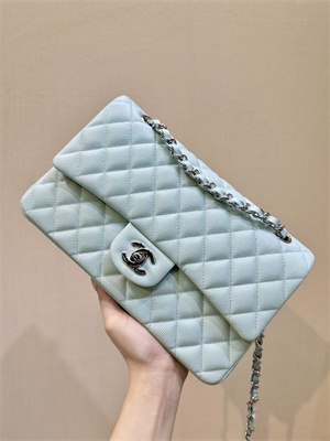 Chanel Medium Classic Flap Bag Grained Calfskin Silver Tone Metal Mint 01112 TOP